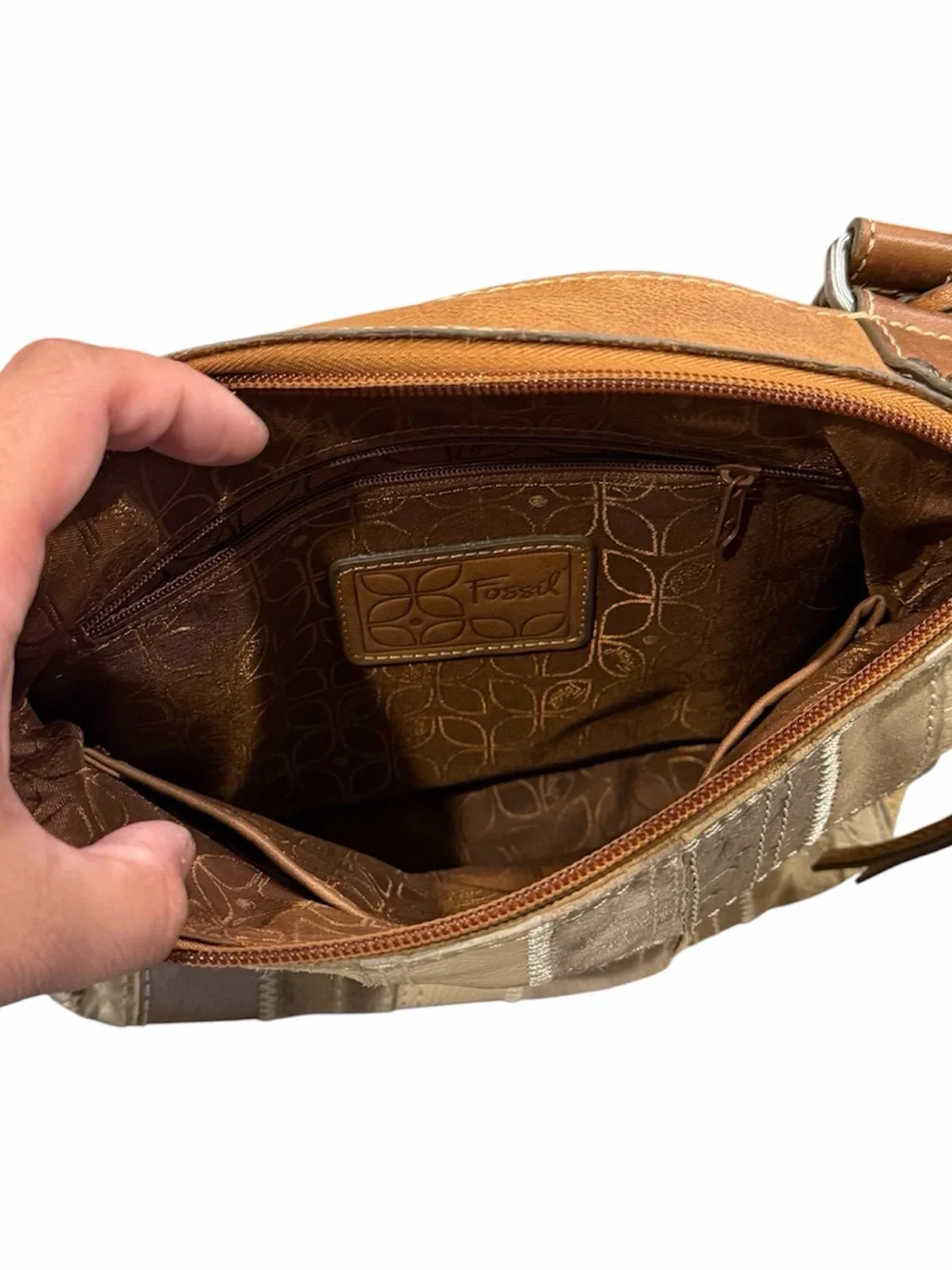 Vintage Fossil Patchwork Metallic Canvas Shoulder Bag